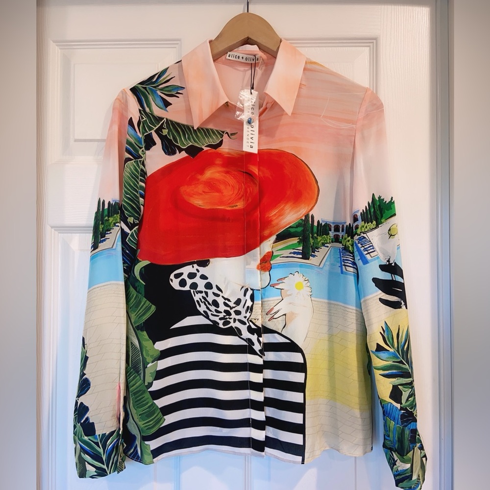 NWT Alice + Olivia Willa Silk Top In Palm Beach - Picture 6 of 10